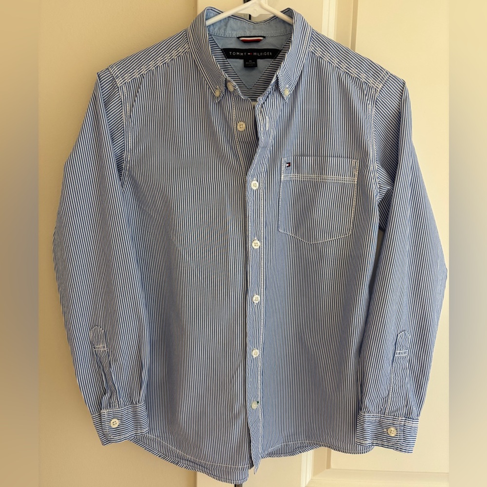 Tommy Hilfiger Blue Striped Button Down Shirt Boys Medium 12-14 100% Cotton